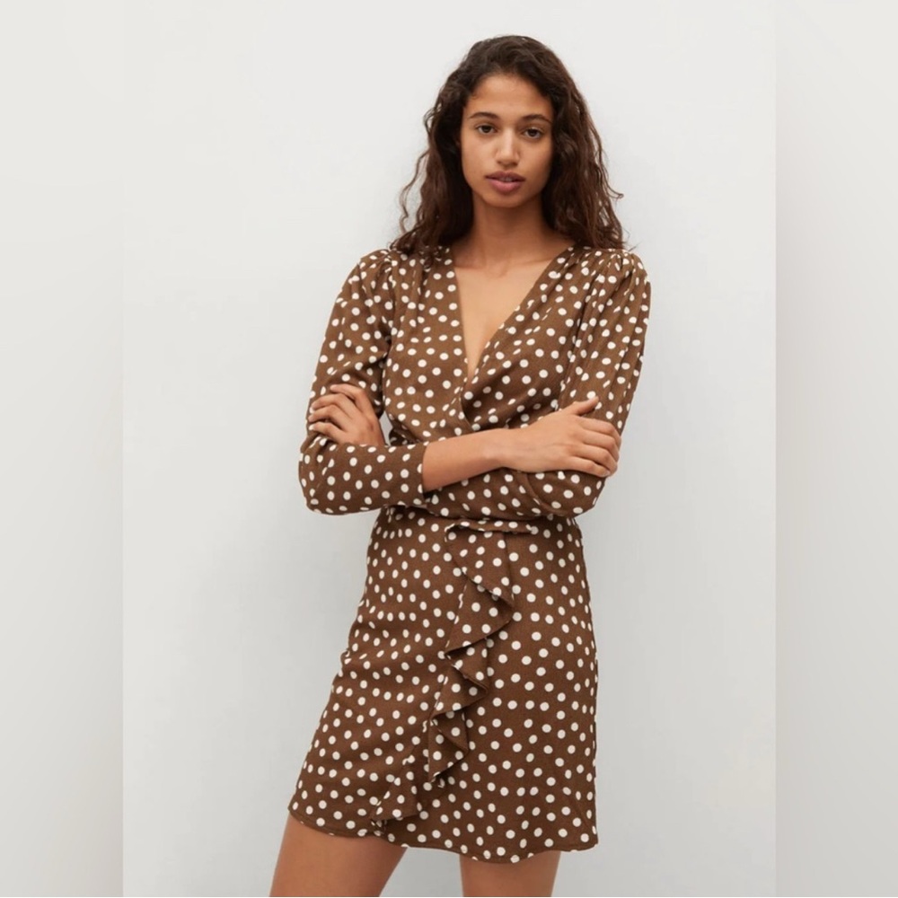MNG Women's Dress Brown White Polka Dots Long Sleeve With Ruffle Size S